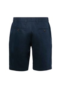 Shorts blu navy realizzati in tessuto leggero, con passanti per cintura, due tasche posteriori con bottoni e taglio dritto.