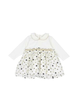 Weißes Baby-Kleid mit langen Ärmeln, Peter-Pan-Kragen, goldener Bordüre, einem transparenten floralen Rocküberzug und einer kleinen Schleife an der Taille.