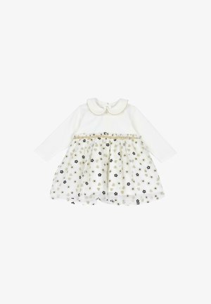 Weißes Baby-Kleid mit langen Ärmeln, Peter-Pan-Kragen, goldener Bordüre, einem transparenten floralen Rocküberzug und einer kleinen Schleife an der Taille.