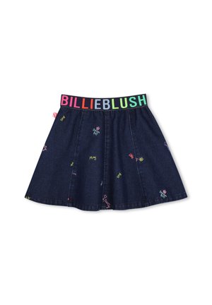 Jupe en denim bleu foncé avec des mots et des fleurs colorés brodés, taille élastique avec texte multicolore "BILLIEBLUSH".