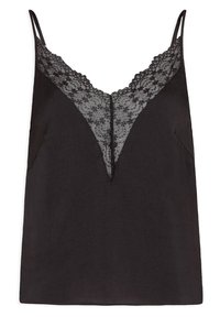 Svart ärmlös cami med V-formad blommig spetsdetalj vid halsringningen och tunna justerbara axelband.