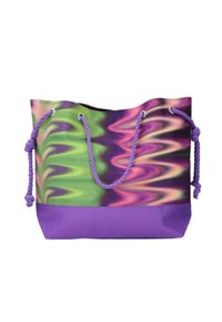 Grande borsa a tracolla con un vivace motivo a gradiente nei toni del verde, rosa e viola. Presenta manici in corda e una sezione inferiore di colore viola uniforme.