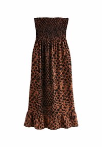 Abito strapless in stampa leopardata nei toni del marrone e nero. Presenta un corpetto arricciato e un orlo a cascata. Realizzato in tessuto morbido e testurizzato.