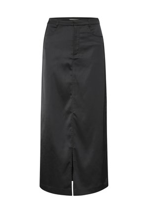 Black satin midi skirt with a smooth texture, featuring a high slit, belt loops, and two front pockets for added detail.