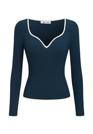 Top de manga larga acanalado en verde azulado oscuro con ribete blanco a lo largo del escote pronunciado en forma de corazón, puños y dobladillo, silueta ajustada.