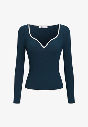 Top de manga larga acanalado en verde azulado oscuro con ribete blanco a lo largo del escote pronunciado en forma de corazón, puños y dobladillo, silueta ajustada.