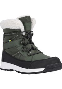Grüner isolierter Winterstiefel mit einem weißen Kunstfellkragen, Obermaterial aus Nylon, schwarzer Gummisohle und verstellbarem Schnürsystem.