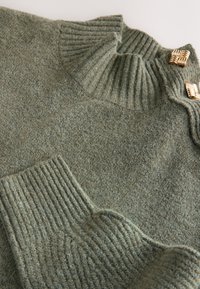 Maglione a maglia verde tenue con collo e polsini a costine. Presenta dettagli in metallo color oro sul collo. Materiale morbido e strutturato.