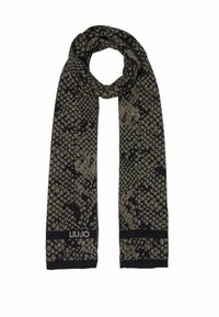 Sciarpa nera lavorata a maglia con un motivo a macchie dorate e estremità a coste. Nome del brand "LIU JO" su un bordo. Texture morbida.