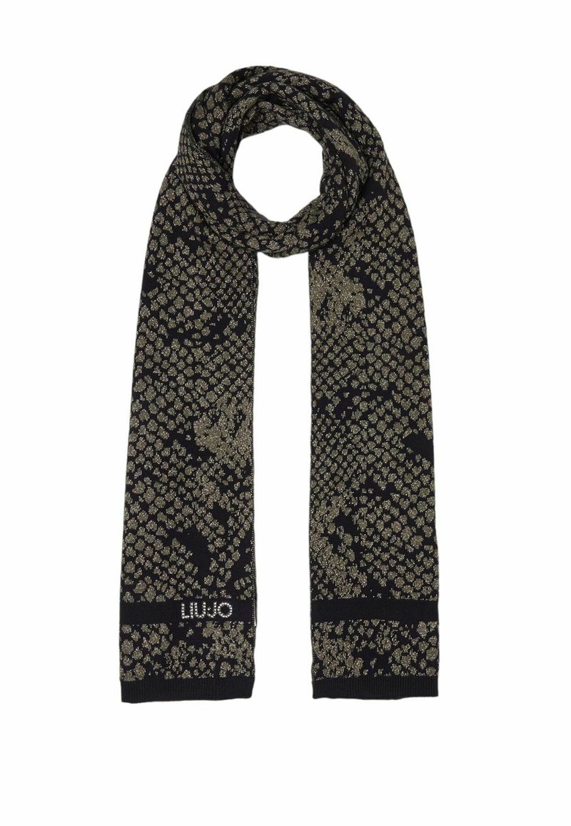 Sciarpa nera lavorata a maglia con un motivo a macchie dorate e estremità a coste. Nome del brand "LIU JO" su un bordo. Texture morbida.
