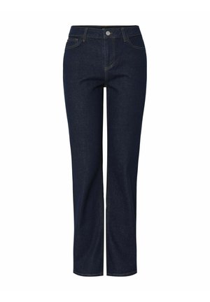 Mörkblå denimjeans med rak bendesign, fem fickor och kontrasterande sömmar. Inkluderar en framknapp och dragkedjestängning.