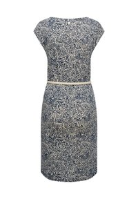 Marineblaues Kleid mit floralem Muster in Creme. Es hat kurze Ärmel, eine taillierte Taille mit einem Seilgürtel und einen knielangen A-Linien-Schnitt.