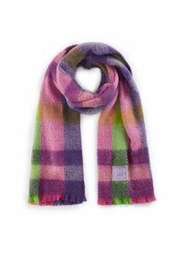 Écharpe en laine douce avec motif à carreaux rose, violet, vert et orange, pliée et bouclée avec une petite étiquette de logo cousue.