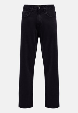 Black jeans made of denim, featuring a straight leg design, five-pocket style, button closure, and visible stitching along the seams.
