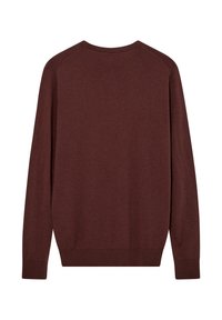 Ženska dugih rukava bordo pulover s okruglim izrezom. Mekana pletenina, rebrasti manžeti i donji rub. Ravnog kroja s raglan rukavima, minimalistički dizajn.