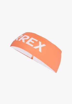 Oranje sporthoofdband van rekbare stof, met een wit "ARREX"-logo aan de voorkant. Soepele textuur met een aansluitend ontwerp.