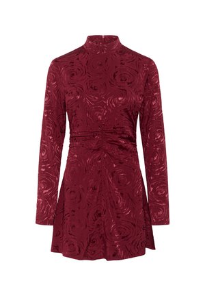 Long-sleeve dress in burgundy, featuring a textured rose pattern, high neck, fitted waist, and flared skirt with a back zipper.