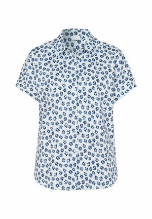 Chemise à manches courtes à boutons en tissu blanc avec un motif floral bleu. Caractérisée par un col classique et une coupe décontractée.