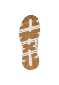 Suela de una zapatilla que presenta una suela exterior de goma con patrón, entresuela blanca y ranuras pronunciadas para tracción y estabilidad.