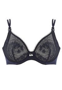 Tengerészkék csipkés melltartó áttetsző betétekkel, virágos hímzéssel és fodros szegéllyel. Állítható pántokkal és elülső kapoccsal rendelkezik.