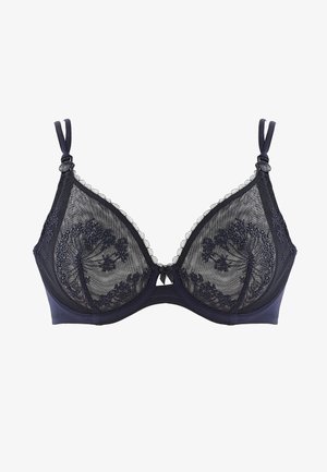 Sutien bleumarin din dantelă, cu panouri transparente, broderie florală și margini ondulate. Are bretele reglabile și închidere cu cârlig în față.