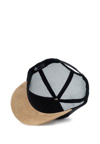 Black and tan cap with a suede brim and mesh back. Features a curved bill and adjustable snap closure at the rear.