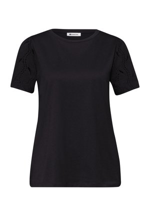 Sort kortærmet skjorte med rund halsudskæring og ærmer med blondemønster, mærket "Street One" på indersiden af kraven.