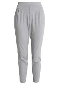 Grå joggarbyxor i mjukt material, med en avsmalnande design, elastisk midja och kontrasterande sidosträck i rosa och vitt.