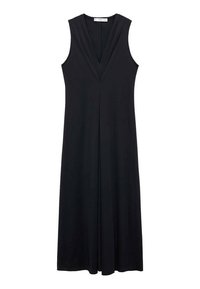 Rochie neagră fără mâneci, cu o decolteu adânc în V, design plisat la bust, siluetă fluidă, realizată dintr-un material neted, până la genunchi.