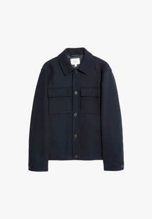 Ciemnoniebieska kurtka z mieszanki wełny, z kołnierzykiem, zapięciem na guziki, dwoma przednimi kieszeniami z klapkami oraz gładką fakturą.
