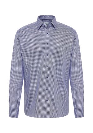 Camicia a maniche lunghe con motivo geometrico blu e bianco, chiusura frontale con bottoni, colletto e polsini con bottoni coordinati. Tessuto dalla texture liscia.