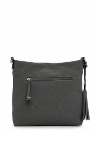 Gray perforated leather shoulder bag with a front zipper pocket and a tassel accent on the side. Features adjustable shoulder strap.