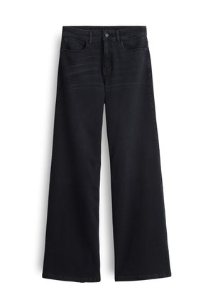 Jeans noirs à jambes larges avec une texture en denim lisse, des poches avant et une fermeture à bouton avec un zip.
