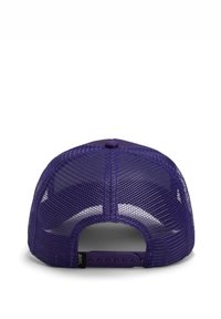 Purple cap with mesh back, featuring an adjustable plastic strap and ventilation holes. Smooth fabric in front, textured mesh on sides.