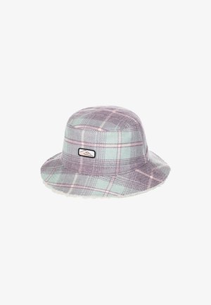 Chapeau seau en motif tartan avec des teintes de lavande, de menthe et de blanc. Fabriqué en tissu doux avec une doublure en polaire et une petite étiquette de logo.