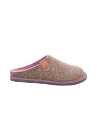 Brun filttoffel med ett rosa innerfoder, grå sula och en tagg i tan läder. Skon är av slip-on-design med mjuk textur och rund tå.