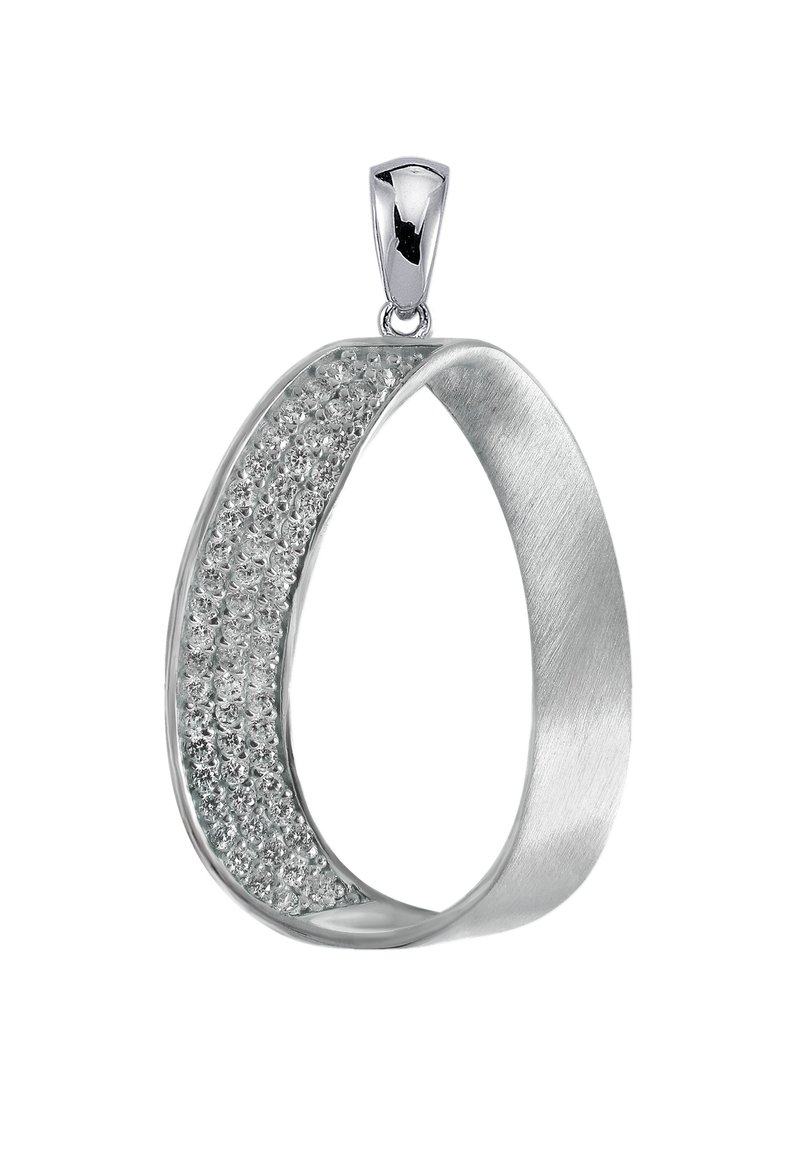 Pendentif en argent avec une surface lisse et polie, doté d'un côté texturé orné de petits cristaux clairs. Forme élégante en goutte d'eau.