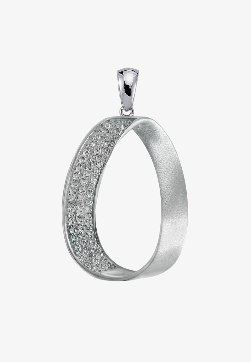 Pendentif en argent avec une surface lisse et polie, doté d'un côté texturé orné de petits cristaux clairs. Forme élégante en goutte d'eau.