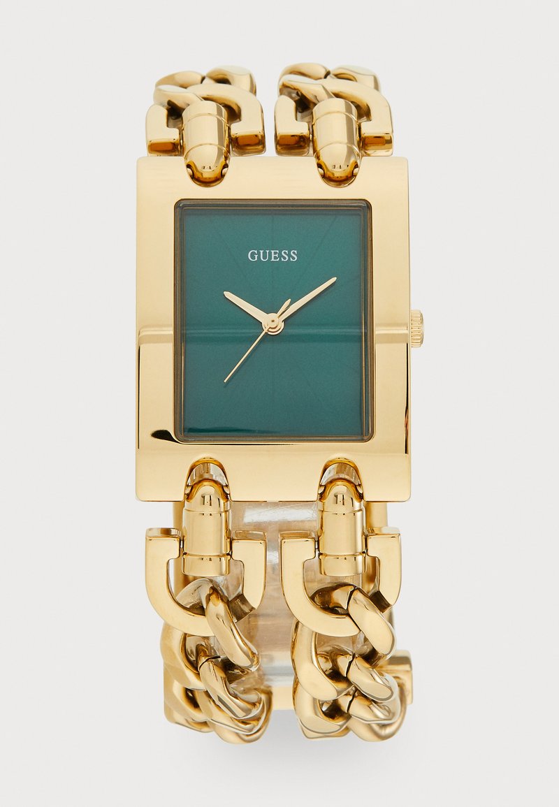 Gold-toned square watch with a teal face, chain-link band, minimalist design, and central hour and minute hands. Logo displayed on the face.
