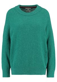 Miętowy sweter wykonany z miękkiego dzianinowego materiału, z okrągłym dekoltem, długimi rękawami typu raglan oraz ściągaczami na mankietach i dole. Posiada niewielki detal w postaci logo.