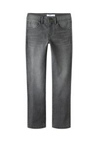 Vaqueros ajustados gris para niños con bolsillos delanteros y traseros, trabillas para cinturón y cierre de botón, etiqueta de talla visible dentro de la cinturilla.