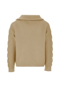 Beige gebreide trui met een opgevouwen kraag, een gestructureerd lichaam en kabelbreisels op de mouwen. Verkorte uitvoering met geribbelde manchetten.