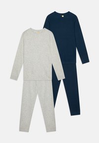 Twee sets met lange mouwen tops en broeken. Eén set is lichtgrijs, de andere is donker marineblauw. Gemaakt van een zachte, gestructureerde stof met geribde manchetten.