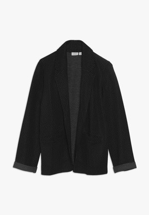 Blazer noir à petits pois blancs, ouverture avant, doublure intérieure rayée visible aux poignets et à l'arrière.