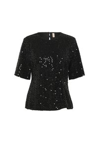 Blusa nera a maniche corte ricoperta di piccole paillettes luccicanti, con scollatura rotonda e chiusura a bottoncino sul retro.