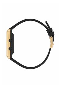 Eleganten pametni ure s pravokotnim zlatim obrazom in dvema črnima gumboma, pritrjenim na prilagodljiv črn pas.