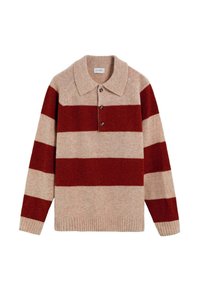Suéter de pullover en un cálido beige con audaces rayas horizontales en burdeos, con un cuello clásico y una tapeta de tres botones, así como un dobladillo y puños acanalados.