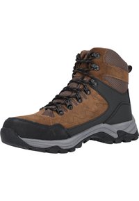Bruine wandelboot met een bovenwerk van suede en mesh, versterkte rubberen teenkap, grijze tussenzool en een gestructureerde zwarte buitenzool met diepe profielen.