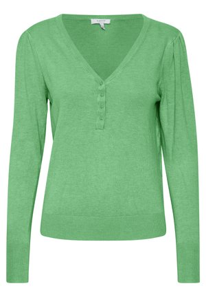 Zelený pletený svetr s výstřihem do V, dlouhými rukávy a knoflíkovým zapínáním u výstřihu. Má žebrované manžety a lem, hladkou texturu.