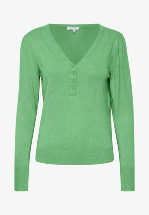 Zelený pletený svetr s výstřihem do V, dlouhými rukávy a knoflíkovým zapínáním u výstřihu. Má žebrované manžety a lem, hladkou texturu.